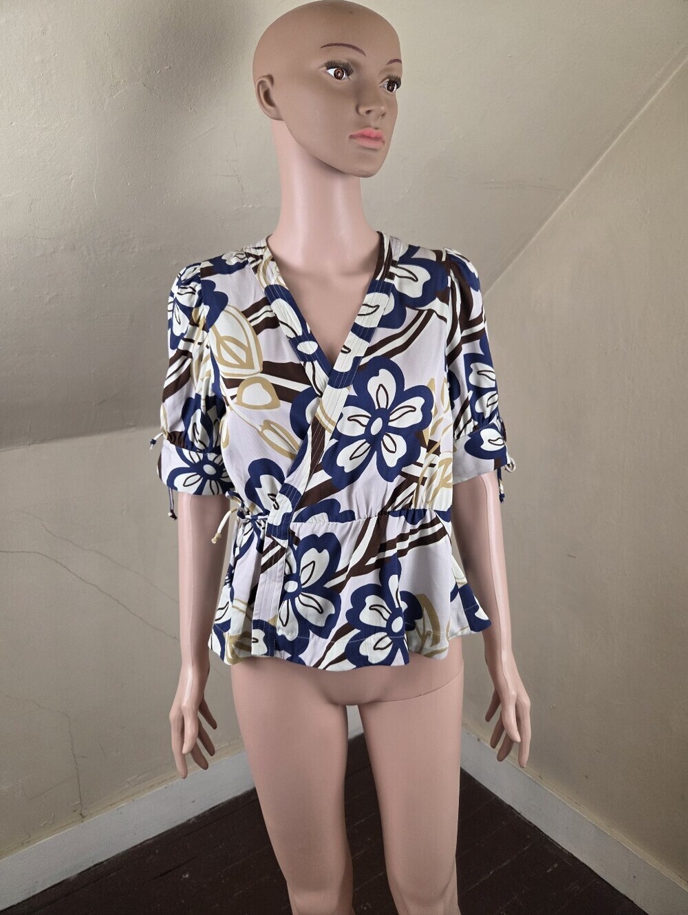 APOF Floral Wrap Blouse Size S Blue White Brown Peplum Viscose Tie Sleeve Top